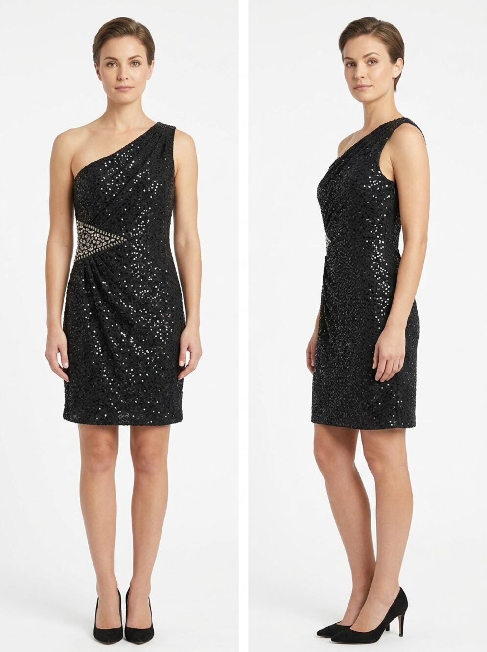 Jackie Jon Black Sequin One Shoulder Beaded Rhinestone Dress Women Size 4
